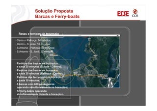 Solução Proposta
Barcas e Ferry-boats
Rotas e tempos de travessia
• Centro - Palhoça: 14 minutos;
• Centro - S. José: 16 minutos;
• S.Antonio - Palhoça: 46 minutos;
• S.Antonio - S. José: 27 minutos.
• Partidas das barcas na hora-pico
a cada 20 minutos (S.José - Centro);
• Partidas das barcas na hora-pico
a cada 30 minutos (Palhoça - Centro);
• Partidas dos ferry-boats na hora-pico
a cada 10 minutos;
• 5 barcas com 600 passageiros
operando simultaneamente na hora-pico;
• 12 ferry-boats operando
simultaneamente durante a hora-pico.
 