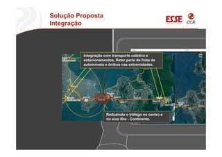 Solução Proposta
Integração
Reduzindo o tráfego no centro e
no eixo Ilha - Continente.
Integração com transporte coletivo e
estacionamentos. Reter parte da frota de
automóveis e ônibus nas extremidades.
 