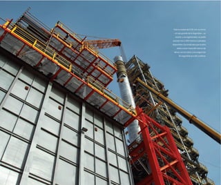 Toda la unidad del CCR, con su horno
–el más grande de la Argentina–, su
reactor y su regenerador, no podía
exceder los 5.400 metros cuadrados
disponibles. Eso implicaba que la obra
debía crecer hasta 86 metros de
altura, con los retos y las exigencias
de seguridad que ello conlleva.
 