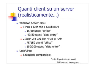 Quanti client su un server
(realisticamente…)
Windows Server 2003
  1 PIII 1 GHz con 1 GB di RAM
     15/30 utenti “office”
      40/80 utenti “data entry”
  2 Xeon 2.4 Ghz con 4 GB di RAM
     75/150 utenti “office”
     150/300 utenti “data entry”
Unix/Linux
  Situazione comparabile
                           Fonte: Esperienze personali,
                                 Siti Internet, Newsgroup…
 