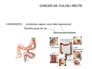 CANCER DE COLON I RECTE 1-DIAGNOSTIC:  símptomes- sagnat, canvi hàbit deposicional Pacients grups de risc colonoscopia-biopsies 