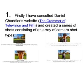 1. Firstly I have consulted Daniel
Chandler’s website (The Grammer of
Television and Film) and created a series of
shots consisting of an array of camera shot
types.
 