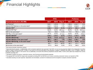 Financial Highlights
5
¹ Net revenue excludes construction revenue.
² Same-basis figures exclude: (i) ViaMobilidade, which concession agreement was executed in April 2018; (ii) non-recurring expenses related to the Independent Committee
of R$17.6 million in EBITDA and R$11.6 million in net income; (iii) non-recurring effect of the acquisition of stakes in ViaQuatro and ViaRio in 2Q17 of R$548.1 million on
EBITDA and R$361.8 million on net income; and (iv) additionally, net income and proforma comparisons exclude ViaRio, in which CCR’s stake has increased from 33.33%
to 66.66% since May 2017.
3 Calculated by adding net revenue, construction revenue, cost of services and administrative expenses.
4 The adjusted EBIT and EBITDA margins were calculated by dividing EBIT and EBITDA by net revenue, excluding construction revenue, as required by IFRS.
5 Calculated excluding non-cash expenses: depreciation and amortization, provision for maintenance and the recognition of prepaid concession expenses.
Financial Indicators (R$ MM) 2Q17 2Q18 Chg % 2Q17 2Q18 Chg %
Net Revenues1
1,842.1 1,872.8 1.7% 1,985.0 2,044.7 3.0%
Adjusted Net Revenues on the same basis2
1,842.1 1,872.8 1.7% 1,970.9 2,024.8 2.7%
Adjusted EBIT3
1,268.3 615.0 -51.5% 1,327.4 693.3 -47.8%
Adjusted EBIT Mg.4
68.8% 32.8% -36.0 p.p. 66.9% 33.9% -33.0 p.p.
EBIT on the same basis2
720.1 636.5 -11.6% 775.1 706.3 -8.9%
EBIT Mg. on the same basis2
39.1% 34.0% -5,1 p.p. 39.3% 34.9% -4,4p.p.
Adjusted EBITDA5
1,629.3 1,070.3 -34.3% 1,721.3 1,187.0 -31.0%
Adjusted EBITDA Mg.4
88.4% 57.2% -31.2 p.p. 86.7% 58.1% -28.6 p.p.
Adjusted EBITDA on the same basis2
1,081.1 1,091.7 1.0% 1,165.3 1,195.1 2.6%
Adjusted EBITDA Mg. on the same basis2
58.7% 58.3% -0.4 p.p. 59.1% 59.0% -0.1 p.p.
Net Income 667.1 277.7 -58.4% 667.1 277.7 -58.4%
Net Income on the same basis2
317.3 300.9 -5.2% 317.3 300.9 -5.2%
IFRS Proforma
 