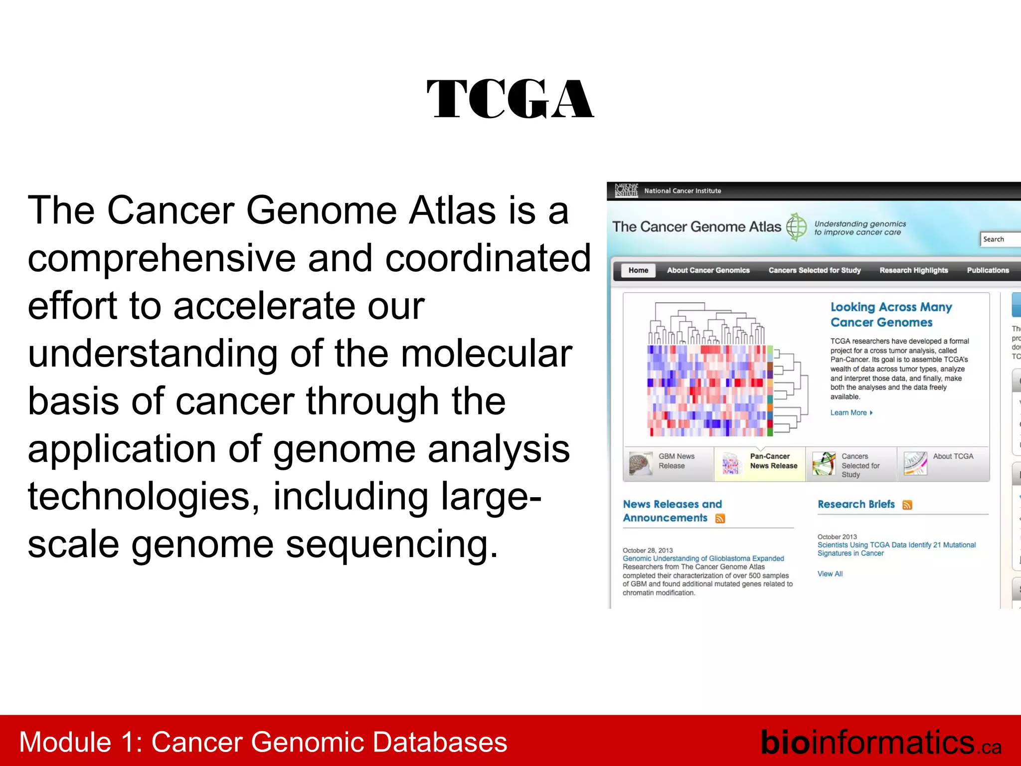TCGA
The Cancer Genome Atlas is a
comprehensive and coordinated
effort to accelerate our
understanding of the molecular
basis of cancer through the
application of genome analysis
technologies, including largescale genome sequencing.

Module 1: Cancer Genomic Databases

bioinformatics.ca

 