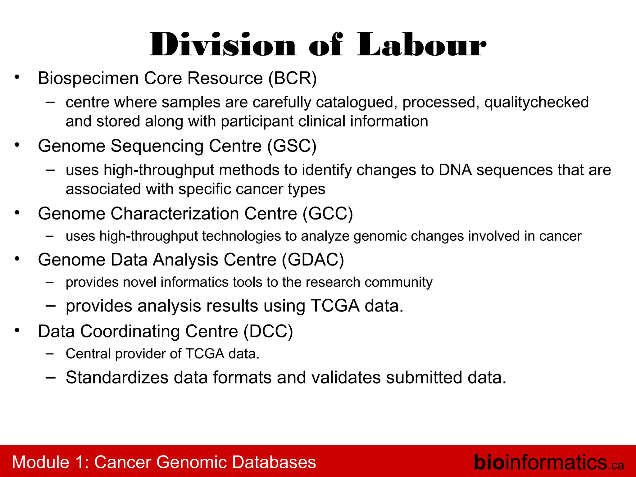 Division of Labour
•

Biospecimen Core Resource (BCR)
– centre where samples are carefully catalogued, processed, qualitychecked
and stored along with participant clinical information

•

Genome Sequencing Centre (GSC)
– uses high-throughput methods to identify changes to DNA sequences that are
associated with specific cancer types

•

Genome Characterization Centre (GCC)
– uses high-throughput technologies to analyze genomic changes involved in cancer

•

Genome Data Analysis Centre (GDAC)
– provides novel informatics tools to the research community

•

– provides analysis results using TCGA data.
Data Coordinating Centre (DCC)
– Central provider of TCGA data.

– Standardizes data formats and validates submitted data.

Module 1: Cancer Genomic Databases

bioinformatics.ca

 