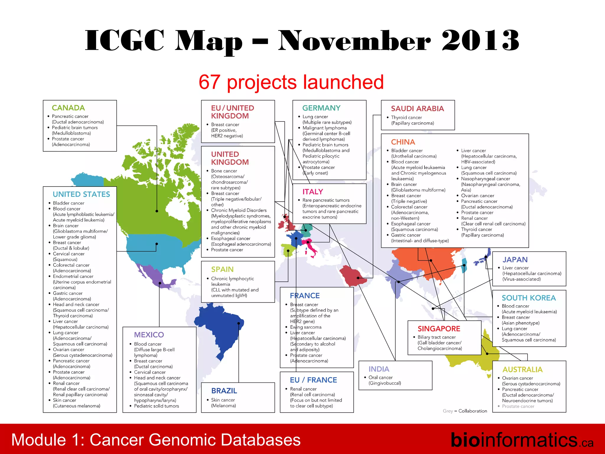 ICGC Map – November 2013
67 projects launched

Module 1: Cancer Genomic Databases

bioinformatics.ca

 