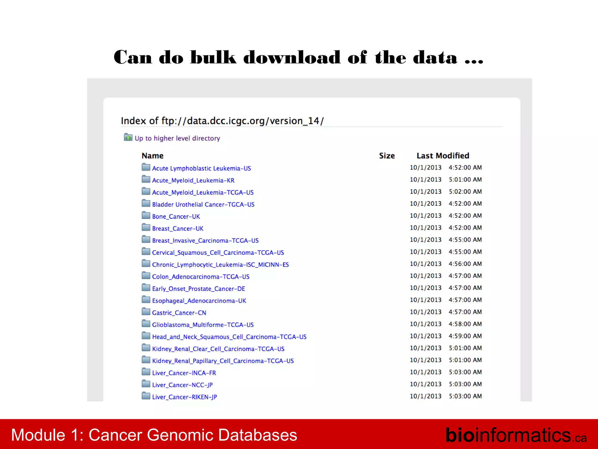 Can do bulk download of the data …

Module 1: Cancer Genomic Databases

bioinformatics.ca

 