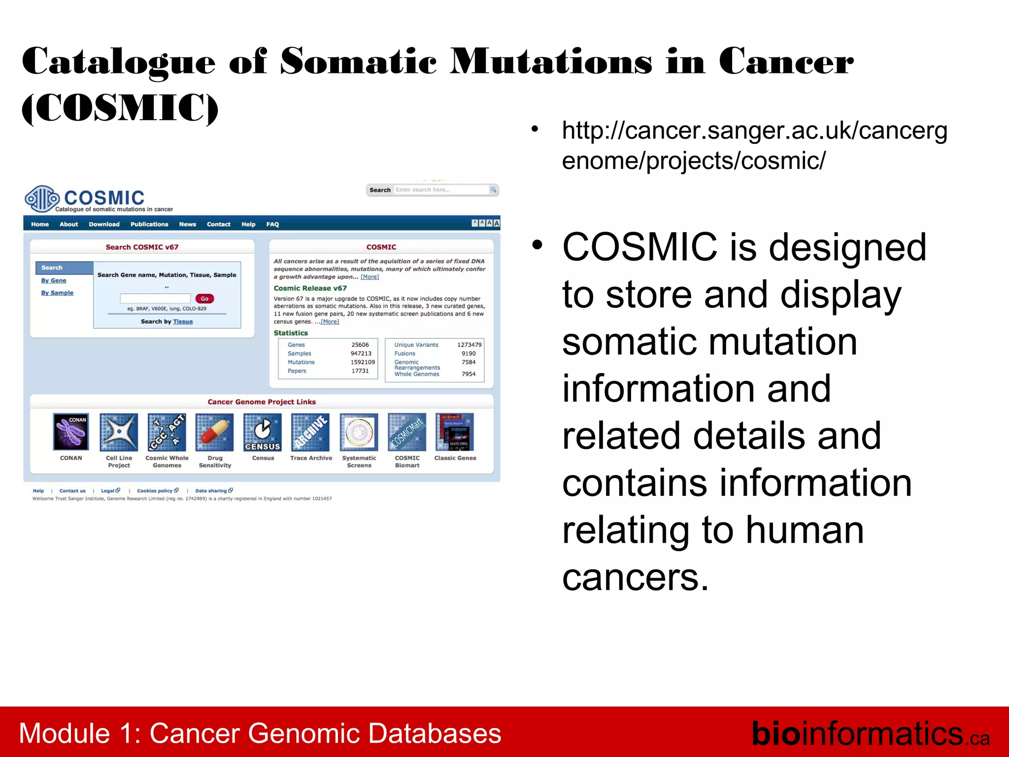 Catalogue of Somatic Mutations in Cancer
(COSMIC)
• http://cancer.sanger.ac.uk/cancerg
enome/projects/cosmic/

• COSMIC is designed
to store and display
somatic mutation
information and
related details and
contains information
relating to human
cancers.

Module 1: Cancer Genomic Databases

bioinformatics.ca

 