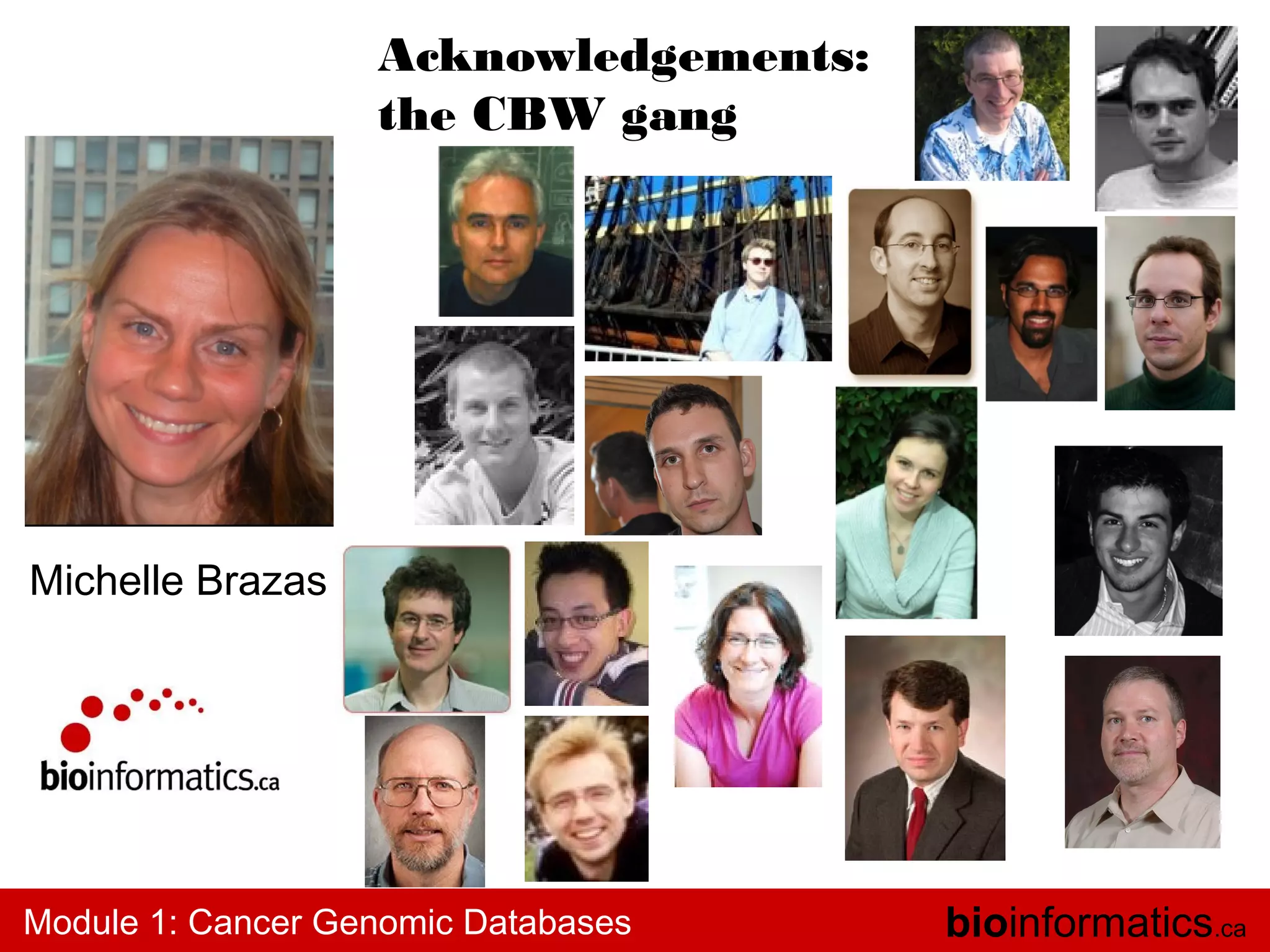 Acknowledgements:
the CBW gang
Michael
Brudno

Michael

Stromberg

Michelle Brazas
Marc
Fiume

Module 1: Cancer Genomic Databases

bioinformatics.ca

 