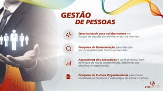 Oportunidade para colaboradores em
função da criação das divisões e ajustes internos
Pesquisa de Remuneração para aferição
da competitividade frente ao mercado
GESTÃO
DE PESSOAS
Assessment dos executivos e nível gerencial com
definição de novas competências, aderentes aos
desafios da organização
Pesquisa de Cultura Organizacional para novas
iniciativas de melhoria e valorização do Clima e Cultura
 
