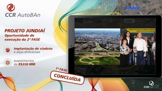 PROJETO JUNDIAÍ
Oportunidade de
execução da 2ª FASE
Investimentos
de R$350 MM
Implantação de viaduto
e alças direcionais
 