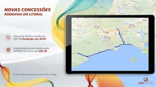 Consulta Pública ainda em
2017 e licitação em 2018
Investimentos estimados pela
ARTESP em cerca de U$1 Bi
Fonte: Governo do Estado de São Paulo / Artesp
NOVAS CONCESSÕES
RODOVIAS DO LITORAL
 