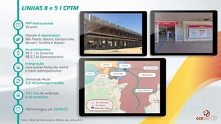 PPP Patrocinada
30 anos
LINHAS 8 e 9 l CPTM
Investimentos
R$ 1,1 bi Governo
R$ 2,7 bi Concessionária
Integração
com outras linhas do metrô
e trens metropolitanos
Demanda Atual
1,0 mi passageiros/dia
73,1 km de extensão
e 43 estações
PMI entregue em 20/09/17
Atende 6 municípios
São Paulo, Osasco, Carapicuiba,
Barueri, Jandira e Itapevi
ITAPEVI
BARUERI
OSASCO
JANDIRA
CARAPICUÍBA
LINHA 9 / ESMERALDA
Em Construção
Em Projeto
Pátio Pres. Altino
SÃO PAULO
LINHA 8 / DIAMANTE
Fonte: Edital de Chamamento Público das Linhas 8 e 9
 