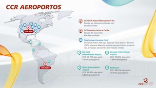 1 2
TAS
CCR USA Airport Management Inc.
Equipe de executivos alocada nos
Estados Unidos
CCR América Latina e Caribe
Equipe de executivos
alocada no Brasil
Total Airport Services (TAS)
CCR USA detém 70% das ações da Total Airport Services
(TAS), empresa líder em serviços aeroportuários presente
nos principais aeroportos dos Estados Unidos
San José
International Airport
CCR: 48.75% das ações
4.3mm passageiros
Curaçao International
Airport
CCR: 79.80% das ações
1.8mm passageiros
Quito International
Airport
CCR: 50.00% das ações
5.8mm passageiros
BHAirport
CCR: 38.25% das ações
10.5mm passageiros
3 4
4
CCR AL&C
1
2
3
ORD
LCK
BDL
ATL
HSV
LAX
SFO
OAK
CCR USA
CCR AEROPORTOS
 