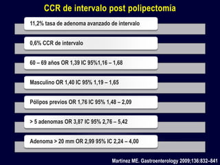 CCR de intervalo post polipectomía
11,2% tasa de adenoma avanzado de intervalo
0,6% CCR de intervalo
60 – 69 años OR 1,39 IC 95%1,16 – 1,68
Masculino OR 1,40 IC 95% 1,19 – 1,65
Pólipos previos OR 1,76 IC 95% 1,48 – 2,09
> 5 adenomas OR 3,87 IC 95% 2,76 – 5,42
Adenoma > 20 mm OR 2,99 95% IC 2,24 – 4,00
Martinez ME. Gastroenterology 2009;136:832–841
 