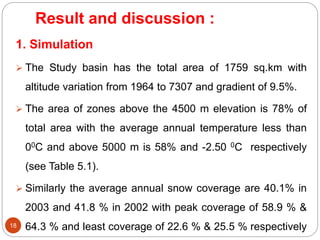Result and discussion :
18
1. Simulation
 The Study basin has the total area of 1759 sq.km with
altitude variation from 1964 to 7307 and gradient of 9.5%.
 The area of zones above the 4500 m elevation is 78% of
total area with the average annual temperature less than
00C and above 5000 m is 58% and -2.50 0C respectively
(see Table 5.1).
 Similarly the average annual snow coverage are 40.1% in
2003 and 41.8 % in 2002 with peak coverage of 58.9 % &
64.3 % and least coverage of 22.6 % & 25.5 % respectively
 