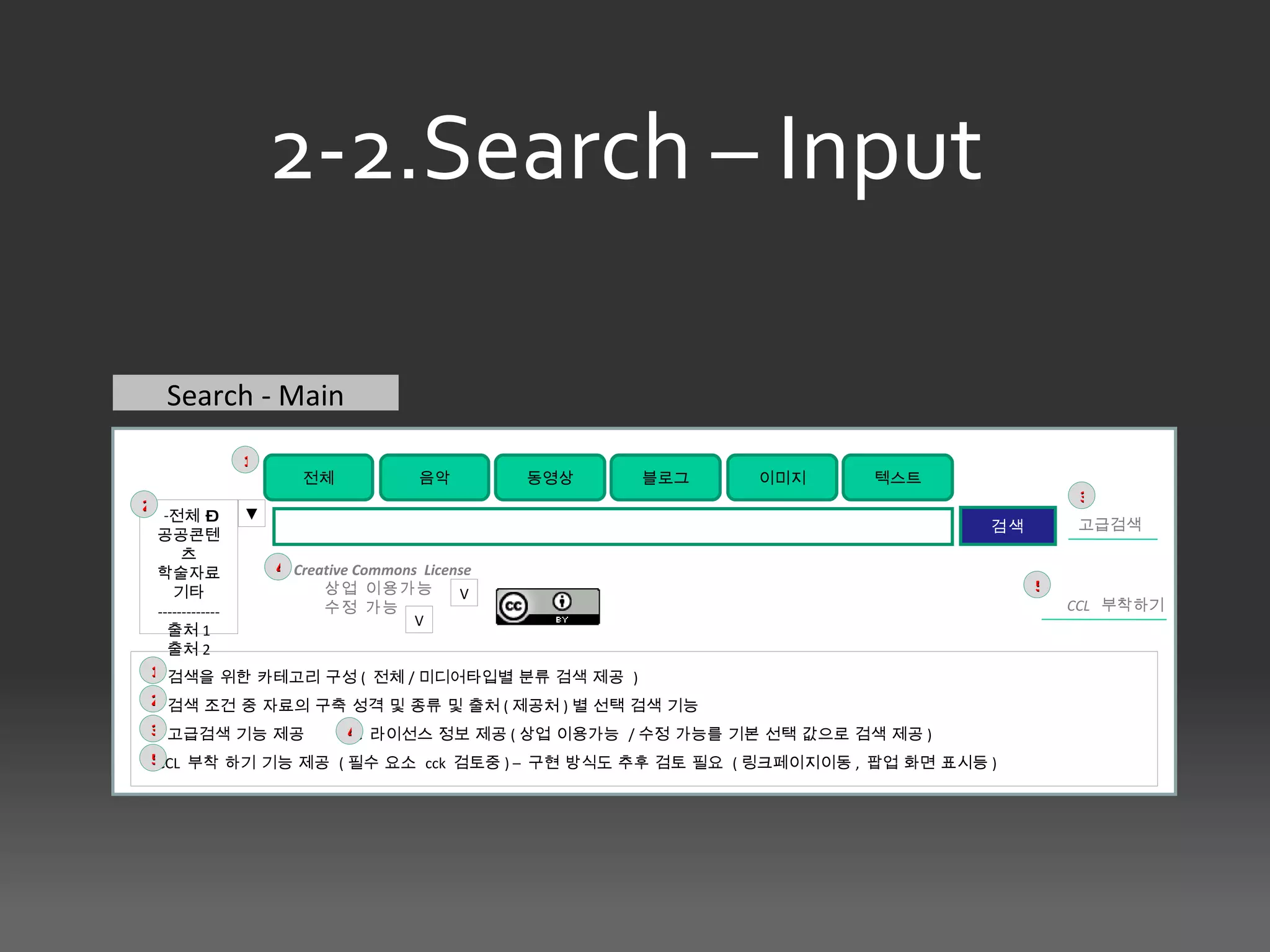 2-2.Search – Input

     Search - Main
             1
                  전체          음악         동영상        블로그        이미지         텍스트
                                                                                              3
2
      -전체 –        ▼
                                                                                    검색       고급검색
     공공콘텐
          츠
     학술자료            4 Creative Commons License
        기타                 상업 이용가능                                                       5
                                             V
     -------------         수정 가능                                                             CCL 부착하기
                                       V
       출처 1
       출처 2
    1 검색을 위한 카테고리 구성 ( 전체 / 미디어타입별 분류 검색 제공 )
    2 검색 조건 중 자료의 구축 성격 및 종류 및 출처 ( 제공처 ) 별 선택 검색 기능
    3 고급검색 기능 제공               4
                               CC 라이선스 정보 제공 ( 상업 이용가능 / 수정 가능를 기본 선택 값으로 검색 제공 )
    5CCL 부착 하기 기능 제공 ( 필수 요소 cck 검토중 ) – 구현 방식도 추후 검토 필요 ( 링크페이지이동 , 팝업 화면 표시등 )
 