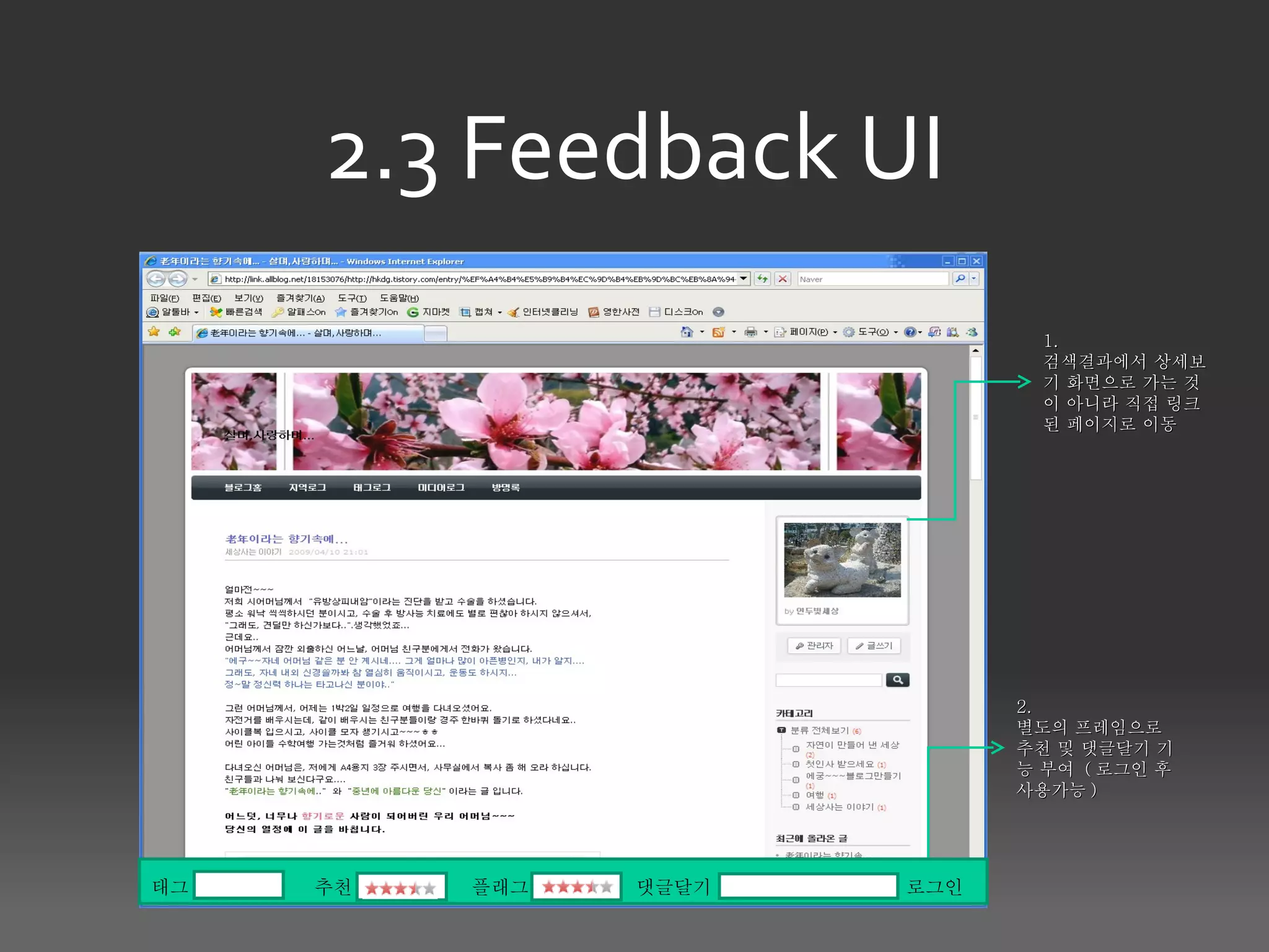 2.3 Feedback UI
                               1.
                               검색결과에서 상세보
                               기 화면으로 가는 것
                               이 아니라 직접 링크
                               된 페이지로 이동




                             2.
                             별도의 프레임으로
                             추천 및 댓글달기 기
                             능 부여 ( 로그인 후
                             사용가능 )




태그   추천   플래그   댓글달기   로그인
 