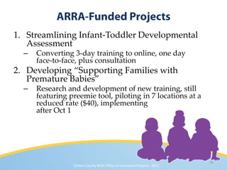1. Streamlining Infant-Toddler Developmental
   Assessment
  –   Converting 3-day training to online, one day
      face-to-face, plus consultation
2. Developing “Supporting Families with
   Premature Babies”
  –   Research and development of new training, still
      featuring preemie tool, piloting in 7 locations at a
      reduced rate ($40), implementing
      after Oct 1




                                                                            34
                 Clinton County RESA Office of Innovative Projects · 2011
 