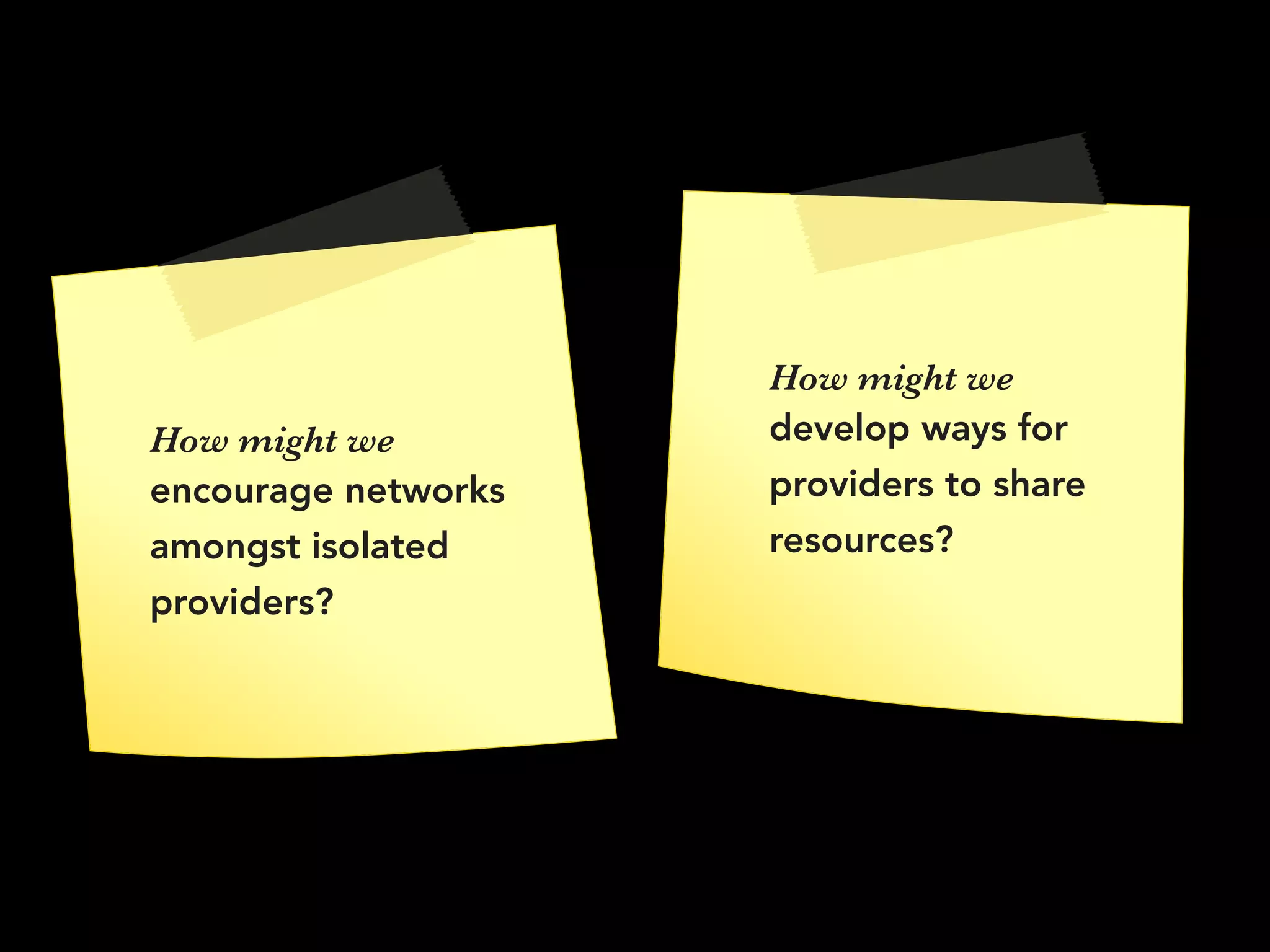 How might we
encourage networks
amongst isolated
providers?
How might we 
develop ways for
providers to share
resources?
 