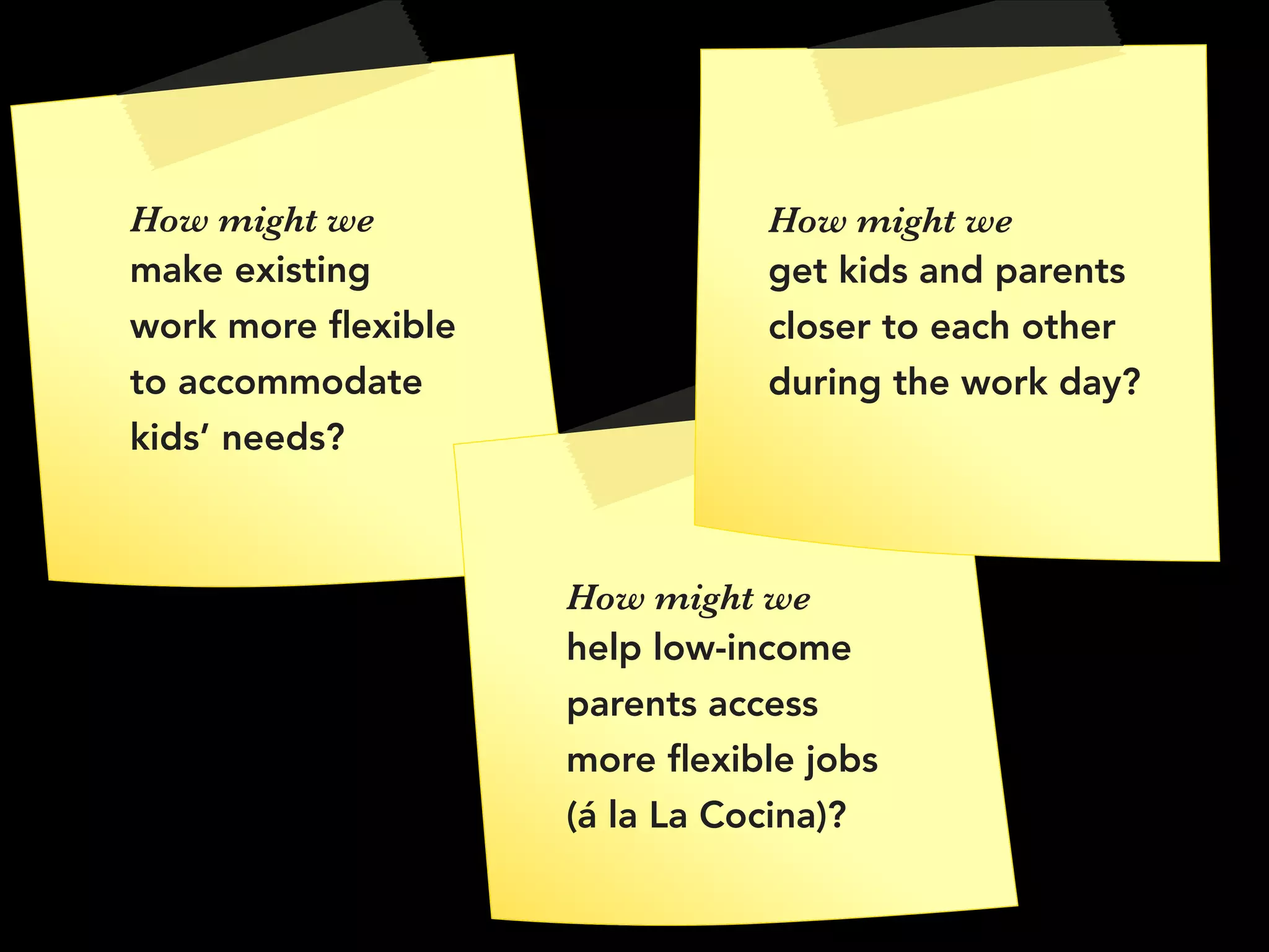 How might we
make existing
work more ﬂexible
to accommodate
kids’ needs?
How might we
help low-income
parents access
more ﬂexible jobs
(á la La Cocina)?
How might we 
get kids and parents
closer to each other
during the work day?
 