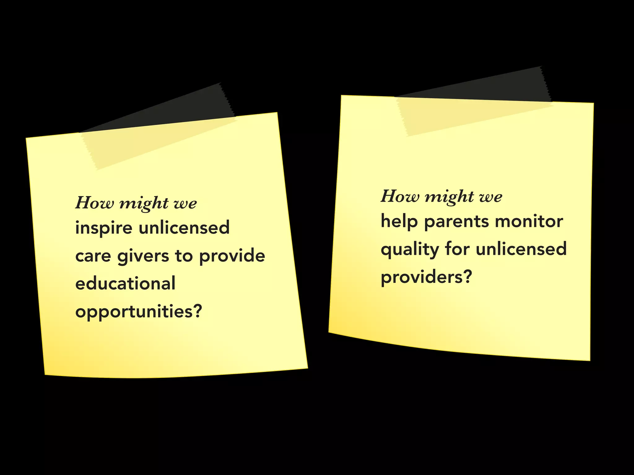 How might we
inspire unlicensed
care givers to provide
educational
opportunities?
How might we
help parents monitor
quality for unlicensed
providers?
 