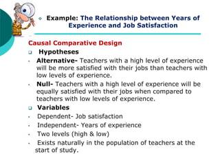  Example: The Relationship between Years of
Experience and Job Satisfaction

Causal Comparative Design
 Hypotheses
• Alternative- Teachers with a high level of experience
will be more satisfied with their jobs than teachers with
low levels of experience.
• Null- Teachers with a high level of experience will be
equally satisfied with their jobs when compared to
teachers with low levels of experience.
 Variables
• Dependent- Job satisfaction
• Independent- Years of experience
• Two levels (high & low)
• Exists naturally in the population of teachers at the
start of study.
 