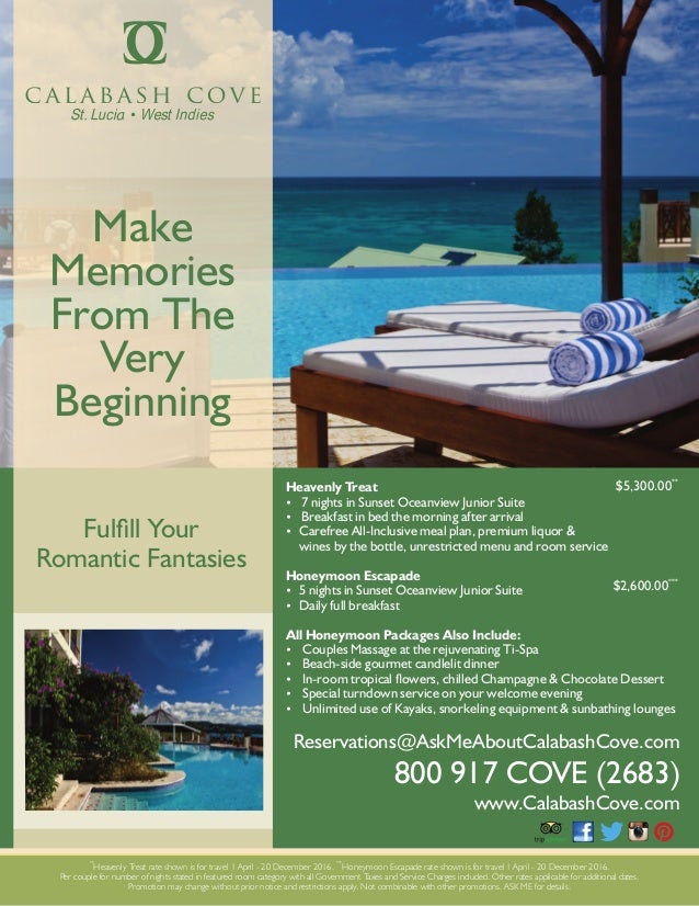 saint lucia honeymoon packages 2016 calabash cove resort spa honeymoon vacation promo flyer