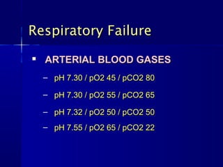 Respiratory Failure
   ARTERIAL BLOOD GASES
    – pH 7.30 / pO2 45 / pCO2 80

    – pH 7.30 / pO2 55 / pCO2 65

    – pH 7.32 / pO2 50 / pCO2 50
    – pH 7.55 / pO2 65 / pCO2 22
 