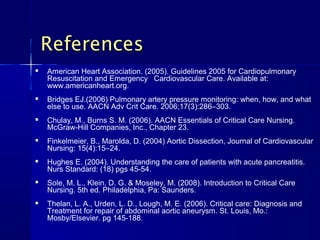 References
   American Heart Association. (2005). Guidelines 2005 for Cardiopulmonary
    Resuscitation and Emergency Cardiovascular Care. Available at:
    www.americanheart.org.
   Bridges EJ.(2006) Pulmonary artery pressure monitoring: when, how, and what
    else to use. AACN Adv Crit Care. 2006;17(3):286–303.
   Chulay, M., Burns S. M. (2006). AACN Essentials of Critical Care Nursing.
    McGraw-Hill Companies, Inc., Chapter 23.
   Finkelmeier, B., Marolda, D. (2004) Aortic Dissection, Journal of Cardiovascular
    Nursing: 15(4):15–24.
   Hughes E. (2004). Understanding the care of patients with acute pancreatitis.
    Nurs Standard: (18) pgs 45-54.
   Sole, M. L., Klein, D. G. & Moseley, M. (2008). Introduction to Critical Care
    Nursing. 5th ed. Philadelphia, Pa: Saunders.
   Thelan, L. A., Urden, L. D., Lough, M. E. (2006). Critical care: Diagnosis and
    Treatment for repair of abdominal aortic aneurysm. St. Louis, Mo.:
    Mosby/Elsevier. pg 145-188.
 