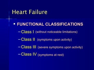 Heart Failure
   FUNCTIONAL CLASSIFICATIONS
    – Class I    (without noticeable limitations)

    – Class II    (symptoms upon activity)

    – Class III   (severe symptoms upon activity)

    – Class IV (symptoms at rest)
 