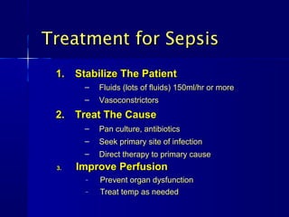 Treatment for Sepsis
 1. Stabilize The Patient
       –   Fluids (lots of fluids) 150ml/hr or more
       –   Vasoconstrictors
 2. Treat The Cause
       –   Pan culture, antibiotics
       –   Seek primary site of infection
       –   Direct therapy to primary cause
 3.   Improve Perfusion
       –   Prevent organ dysfunction
       –   Treat temp as needed
 