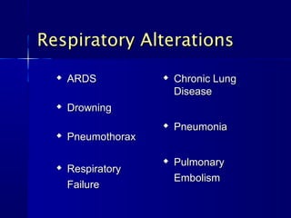 
ARDSARDS

DrowningDrowning

PneumothoraxPneumothorax

RespiratoryRespiratory
FailureFailure
Respiratory AlterationsRespiratory Alterations

ChronicChronic LungLung
DiseaseDisease

PneumoniaPneumonia

PulmonaryPulmonary
EmbolismEmbolism
 