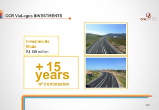 CCR ViaLagos INVESTMENTS 
Investments 
Made 
R$ 150 million 
+ 15 
years 
of concession 
104 
 