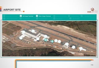 AIRPORT SITE 
1 Passenger Terminal 2 Intl.Cargo Terminal 3 Dom. Cargo Terminal 4 Commercial Center 5 GSE/Catering 6 CargoApron 
7 ARFF / Maintenance 8 GA Terminal 9 Airline Hangars 10 Main Apron 11 GA Hangars 
6 
1 
4 
5 
2 
3 7 
8 
9 
9 
11 
10 
115 
 