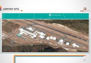 AIRPORT SITE 
1 Passenger Terminal 2 Intl.Cargo Terminal 3 Dom. Cargo Terminal 4 Commercial Center 5 GSE/Catering 6 CargoApron 
7 ARFF / Maintenance 8 GA Terminal 9 Airline Hangars 10 Main Apron 11 GA Hangars 
6 
1 
4 
5 
2 
3 7 
8 
9 
9 
11 
10 
117 
 