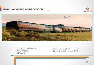 HOTEL WYNDHAM GRAN CONDOR 
• Investment: US$ 17 million 
• Area: 17,260m² 
• 147 rooms 
• Restaurants and business center 
• Opening date: December 2015 
127 
 