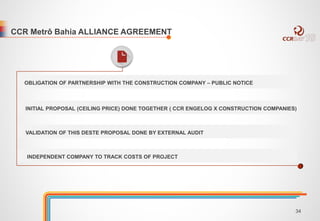 CCR Metrô Bahia ALLIANCE AGREEMENT 
OBLIGATION OF PARTNERSHIP WITH THE CONSTRUCTION COMPANY – PUBLIC NOTICE 
INITIAL PROPOSAL (CEILING PRICE) DONE TOGETHER ( CCR ENGELOG X CONSTRUCTION COMPANIES) 
VALIDATION OF THIS DESTE PROPOSAL DONE BY EXTERNAL AUDIT 
INDEPENDENT COMPANY TO TRACK COSTS OF PROJECT 
34 
 