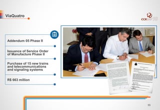 ViaQuatro 
Addendum 05 Phase II 
Issuance of Service Order 
of Manufacture Phase II 
Purchase of 15 new trains 
and telecommunications 
and signaling systems 
R$ 663 million 
55 
 