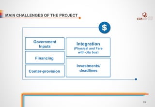 MAIN CHALLENGES OF THE PROJECT 
Government 
Inputs 
Financing 
Conter-provision 
Integration 
(Physical and Fare 
with city bus) 
Investments/ 
deadlines 
74 
 