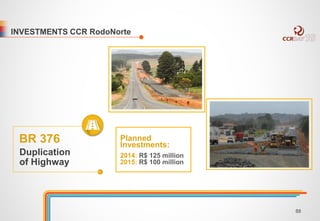 INVESTMENTS CCR RodoNorte 
BR 376 
Duplication 
of Highway 
Planned 
Investments: 
2014: R$ 125 million 
2015: R$ 100 million 
88 
 
