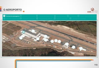 O AEROPORTO
6
1
4
5
2
3 7
8
9
9
11
1 Terminal de passageiros 2 Terminal de Cargas Int. Terminal de Cargas Dom.3 4 Centro comercial 5 GSE/Catering 6 Pátio de Aeronaves de Carga
7 SESCINC / Manutenção 8 Terminal Av. Executiva 9 Hangares Cias. Aéreas Pátio de aeronaves Hangares Av. Executiva10 11
10
110
 