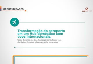 Transformação do aeroporto
em um Hub doméstico com
voos internacionais,
OPORTUNIDADES
face a demanda das Cias. Aéreas por conexões de voos
domésticos (incluindo rotas regionais) e novos voos
 
