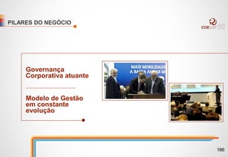 Governança
Corporativa atuante
Modelo de Gestão
em constante
evolução
PILARES DO NEGÓCIO
186
 