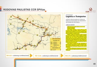 RODOVIAS PAULISTAS CCR SPVias
R$ 13,40 – cobrança unidirecional R$ 6,70 – cobrança bidirecionalR$ 9,20 – cobrança unidirecional
49
 