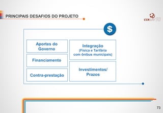 PRINCIPAIS DESAFIOS DO PROJETO
Aportes do
Governo
Financiamento
Contra-prestação
Integração
(Física e Tarifária
com ônibus municipais)
Investimentos/
Prazos
73
 