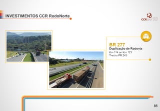 INVESTIMENTOS CCR RodoNorte
BR 277
Duplicação de Rodovia
Km 114 ao Km 123
Trecho PR 243
85
 