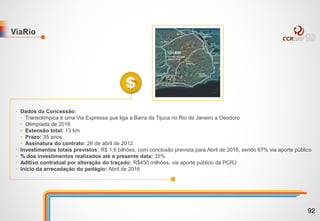 ViaRio
• Dados da Concessão:
• Transolímpica é uma Via Expressa que liga a Barra da Tijuca no Rio de Janeiro a Deodoro
• Olimpíada de 2016
• Extensão total: 13 km
• Prazo: 35 anos
• Assinatura do contrato: 26 de abril de 2012
• Investimentos totais previstos: R$ 1,6 bilhões, com conclusão prevista para Abril de 2016, sendo 67% via aporte público
• % dos investimentos realizados até a presente data: 35%
• Aditivo contratual por alteração do traçado: R$450 milhões, via aporte público da PCRJ
• Início da arrecadação do pedágio: Abril de 2016
92
 
