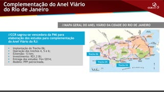 Complementação do Anel Viário
do Rio de Janeiro
//MAPA GERAL DO ANEL VIÁRIO DA CIDADE DO RIO DE JANEIRO
//CCR sagrou-se vencedora da PMI para
elaboração dos estudos para complementação
do Anel Viário do RJ:







Implantação do Trecho 06;
Operação dos trechos 4, 5 e 6;
Extensão: 13 km;
Investimento: R$1,2 Bi;
Entrega dos estudos: Fev/2014;
Modelo: PPP patrocinada.

Trecho 06

Trecho 05
Trecho 04

 