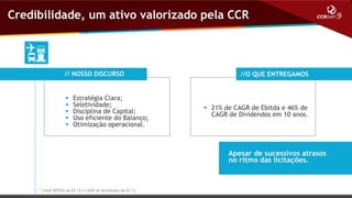 Credibilidade, um ativo valorizado pela CCR

// NOSSO DISCURSO







Estratégia Clara;
Seletividade;
Disciplina de Capital;
Uso eficiente do Balanço;
Otimização operacional.

//O QUE ENTREGAMOS

 21% de CAGR de Ebitda e 46% de
CAGR de Dividendos em 10 anos.

Apesar de sucessivos atrasos
no ritmo das licitações.

* CAGR EBITDA de 02-12 e CAGR de dividendos de 03-13

 